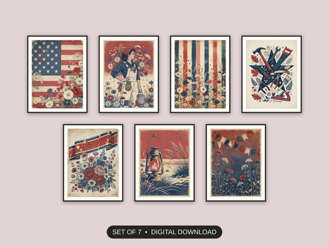 Set of 7 vintage americana printable prints shown as a gallery wall