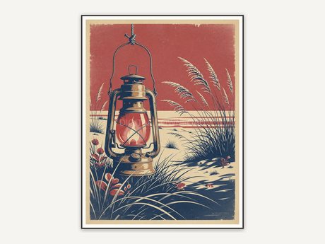 Antique lantern and coastal grasses print