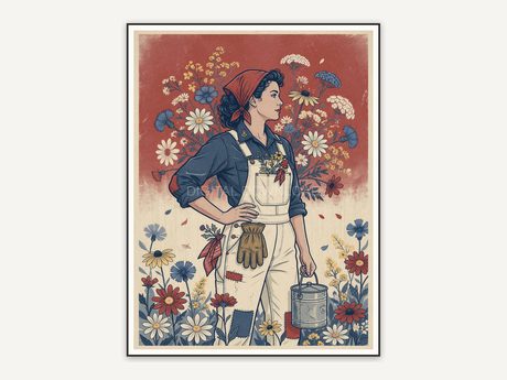 Workwear motif and wildflowers americana print