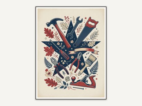 Retro tools and foliage in vintage palette