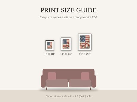 Print size guide showing 8x10, 11x14, and 16x20 framed prints at true scale beside a sofa