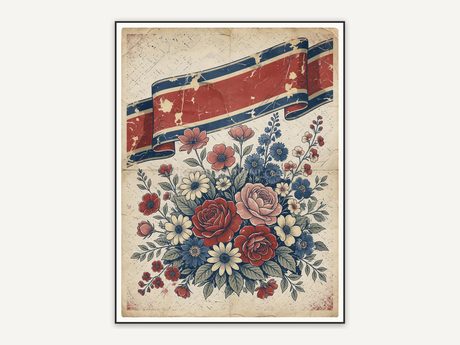 Weathered banner with garden flowers