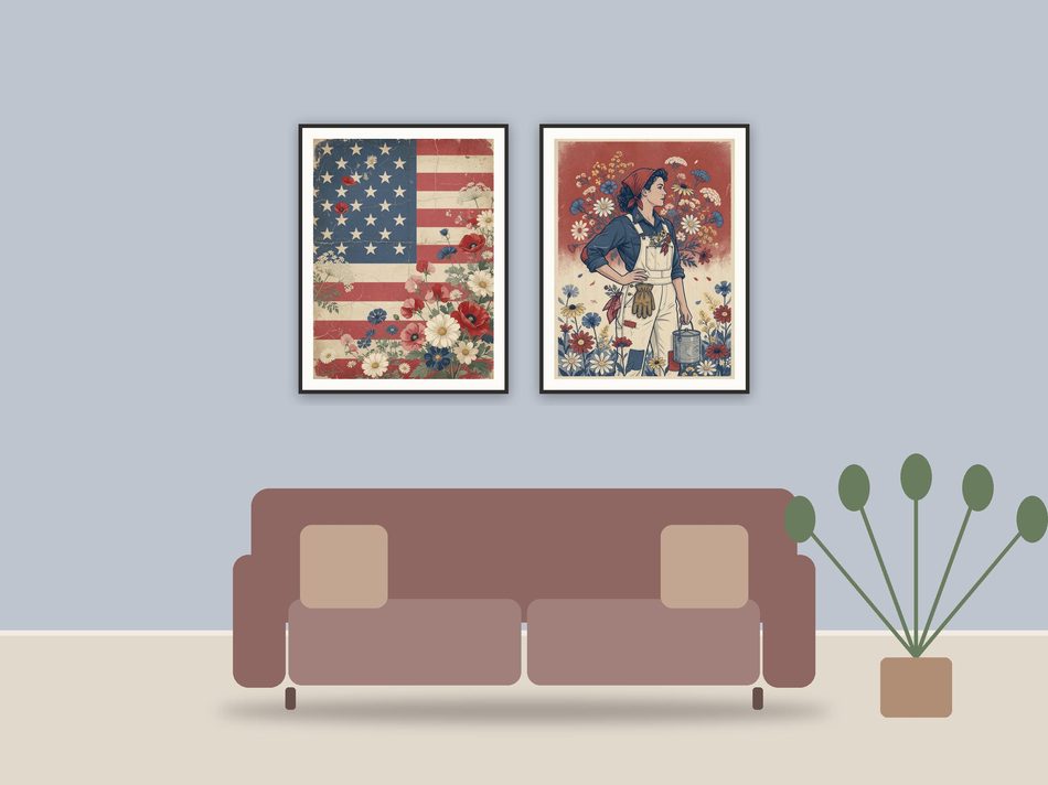 vintage americana printable art framed above a sofa in a styled living room