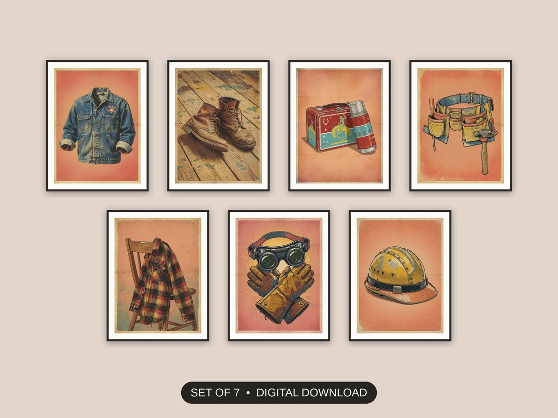 Set of 7 vintage workwear art printable prints shown as a gallery wall