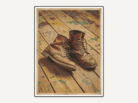 retro style leather work boots on wood