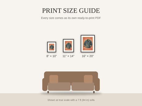 Print size guide showing 8x10, 11x14, and 16x20 framed prints at true scale beside a sofa