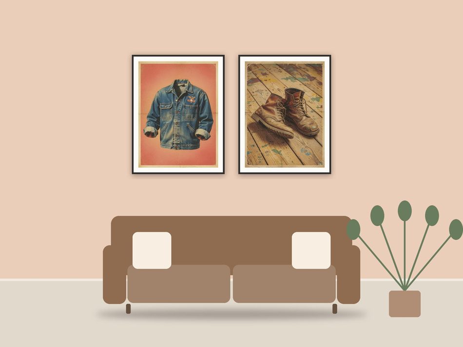vintage workwear art printable art framed above a sofa in a styled living room