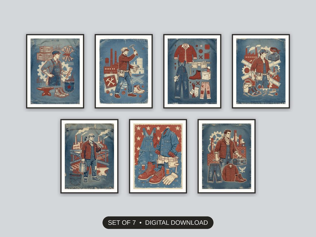 Set of 7 americana workwear art printable prints shown as a gallery wall