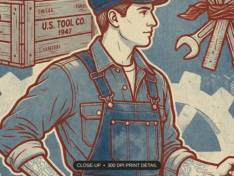 Close-up print detail of the americana workwear art artwork at 300 DPI