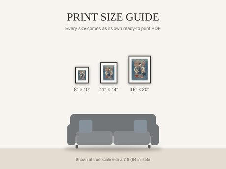 Print size guide showing 8x10, 11x14, and 16x20 framed prints at true scale beside a sofa