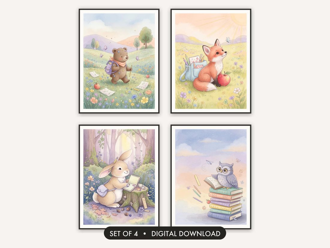 Classroom Printable Wall Art, Teacher Decor, Kids Room Animal Prints, Back to School Set of 4, Digit