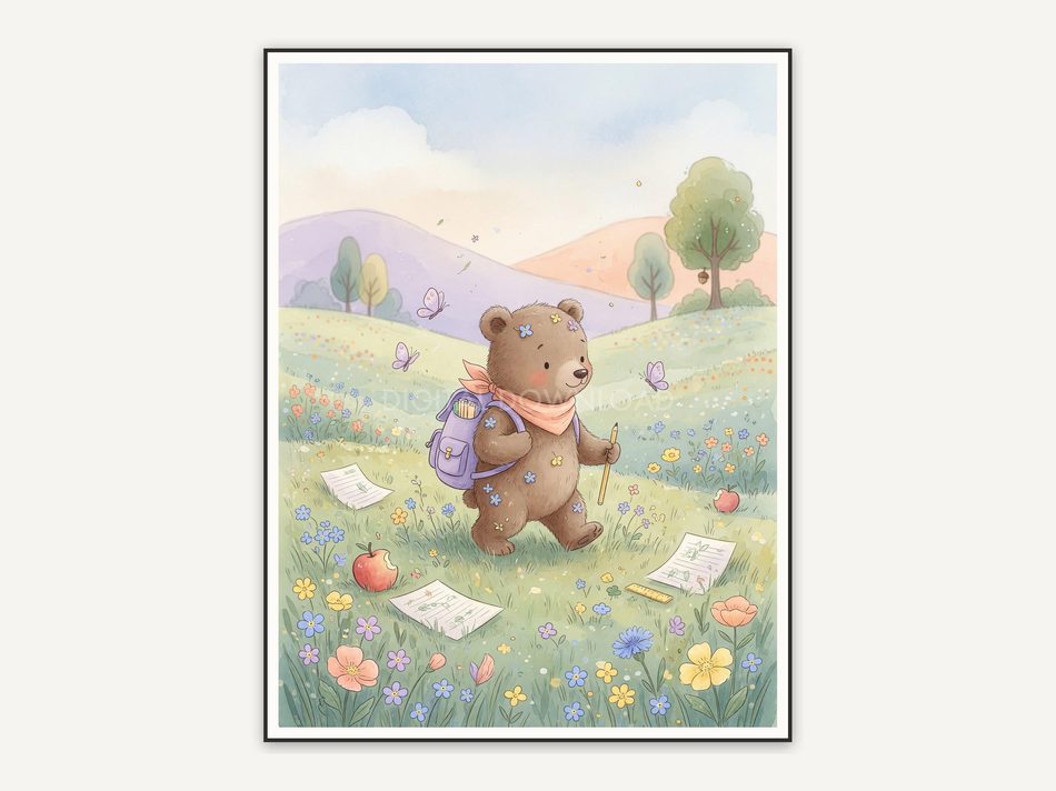 Watercolor bear cub with backpack in soft pastel meadow