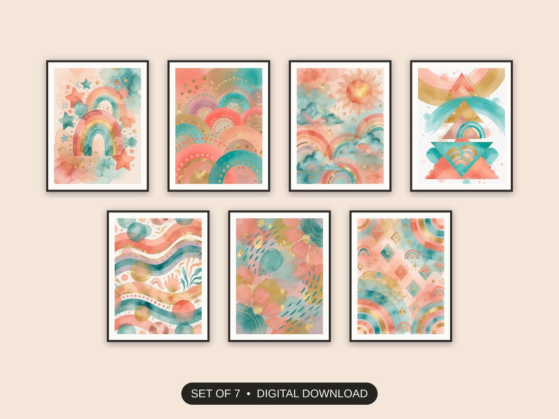 Set of 7 colorful rainbow learning icons printable prints shown as a gallery wall