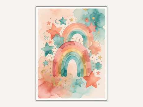 First boho rainbow arch print in coral teal and gold