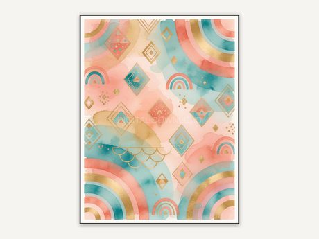 Seventh boho rainbow diamond print in coral teal and gold