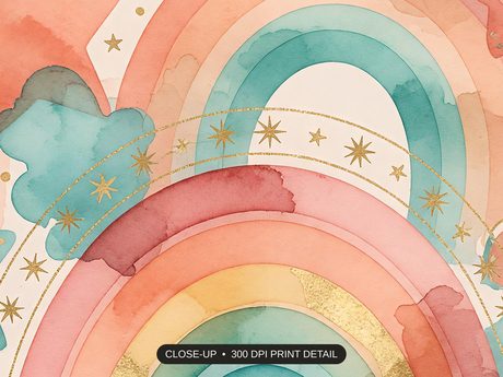 Close-up print detail of the colorful rainbow learning icons artwork at 300 DPI