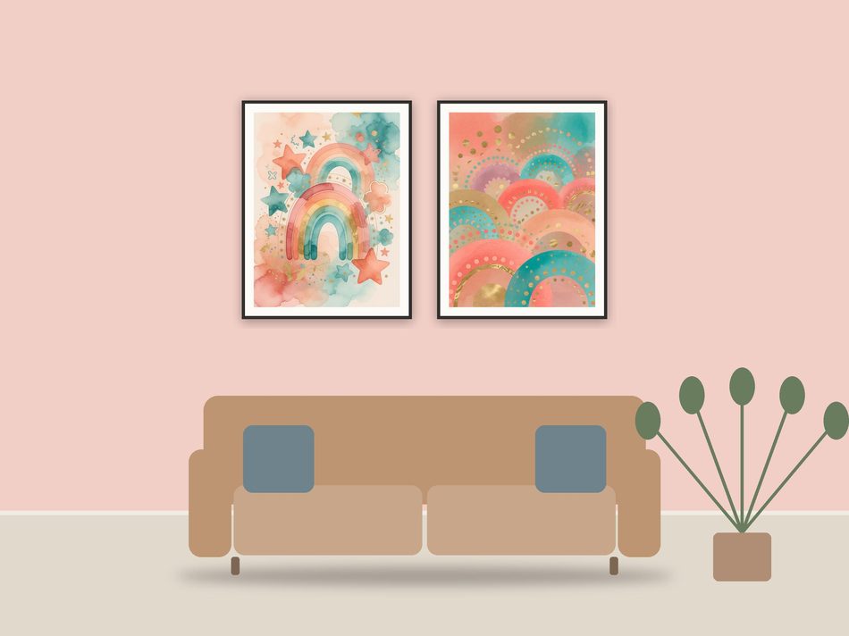colorful rainbow learning icons printable art framed above a sofa in a styled living room
