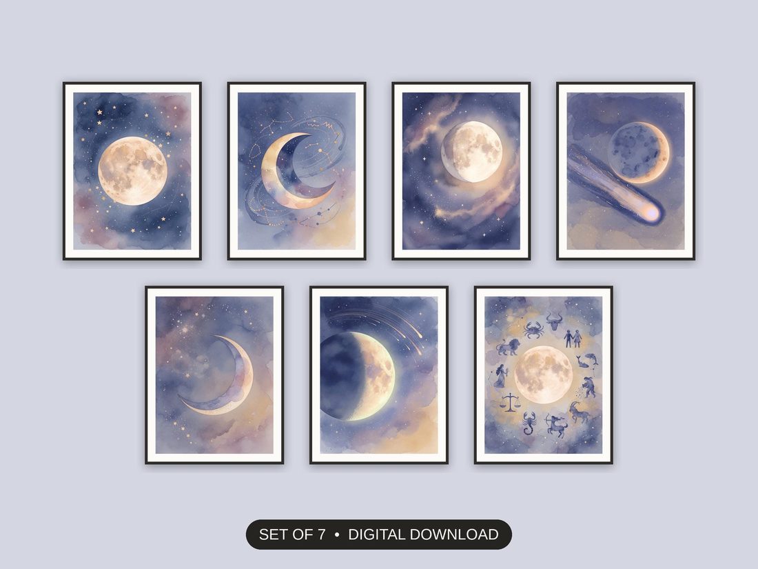 Set of 7 celestial printable prints shown as a gallery wall