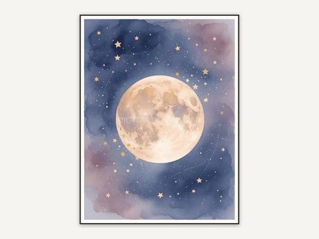 Watercolor full moon with stars in indigo and sand
