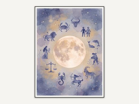 Full moon with zodiac constellations watercolor