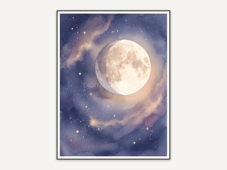 Waning moon illustration in dusty indigo palette