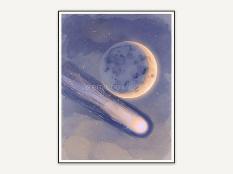 Waxing crescent with comet in warm sand tones