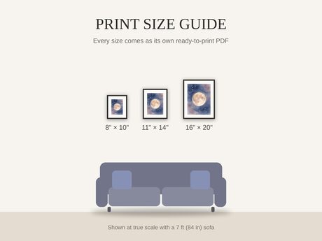Print size guide showing 8x10, 11x14, and 16x20 framed prints at true scale beside a sofa