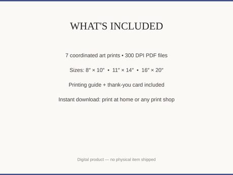 What's included: 7 art prints as 300 DPI PDFs in three sizes plus printing guide and thank-you card