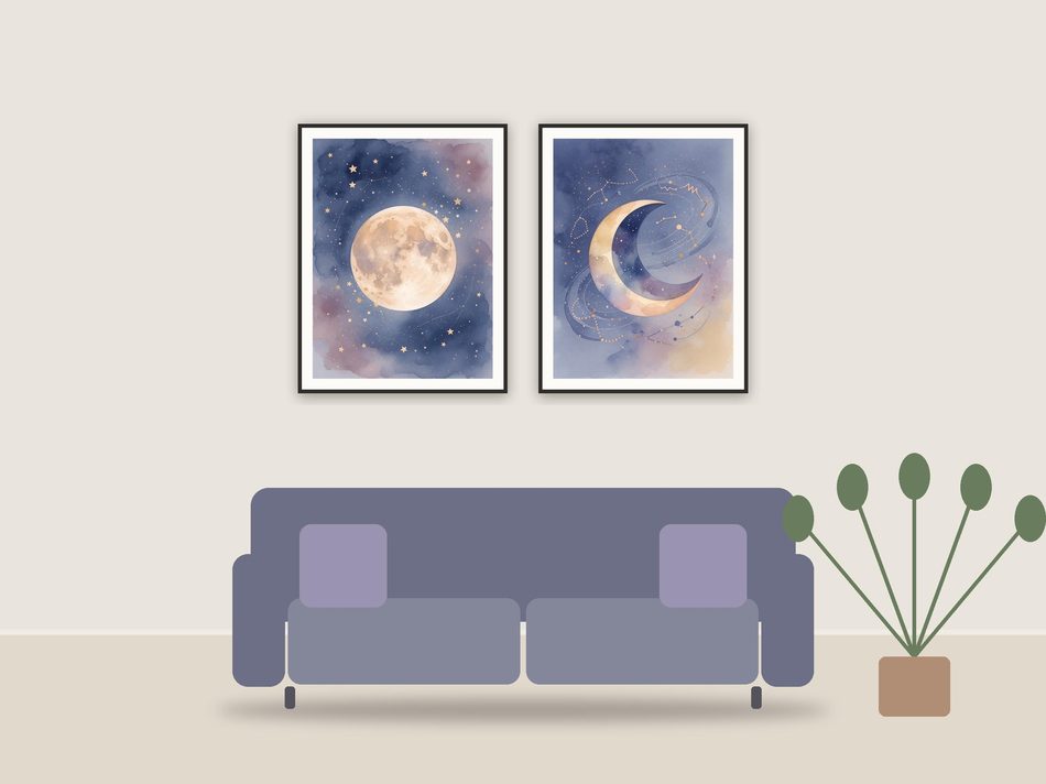 celestial printable art framed above a sofa in a styled living room