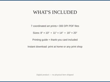 What's included: 7 art prints as 300 DPI PDFs in three sizes plus printing guide and thank-you card