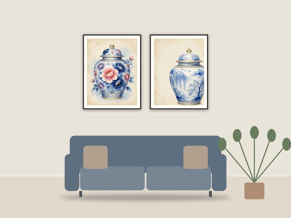 chinoiserie wall art printable art framed above a sofa in a styled living room