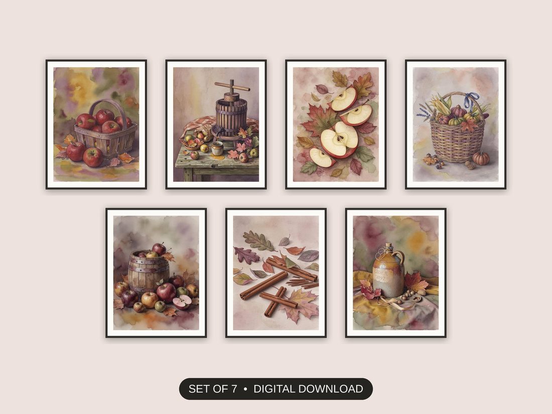 Set of 7 warm harvest still life printable prints shown as a gallery wall