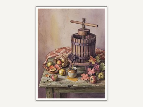 Cider press watercolor scene