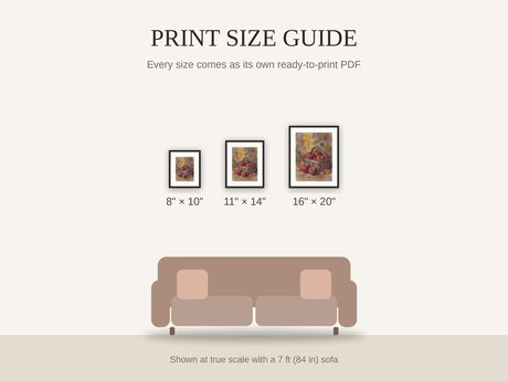 Print size guide showing 8x10, 11x14, and 16x20 framed prints at true scale beside a sofa