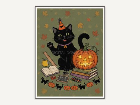 smiling black cat and pumpkin