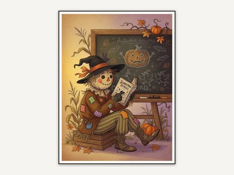 cheerful scarecrow reading