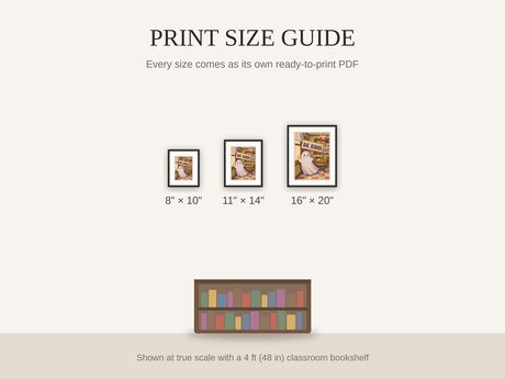 Print size guide showing 8x10, 11x14, and 16x20 framed prints at true scale beside a classroom bookshelf