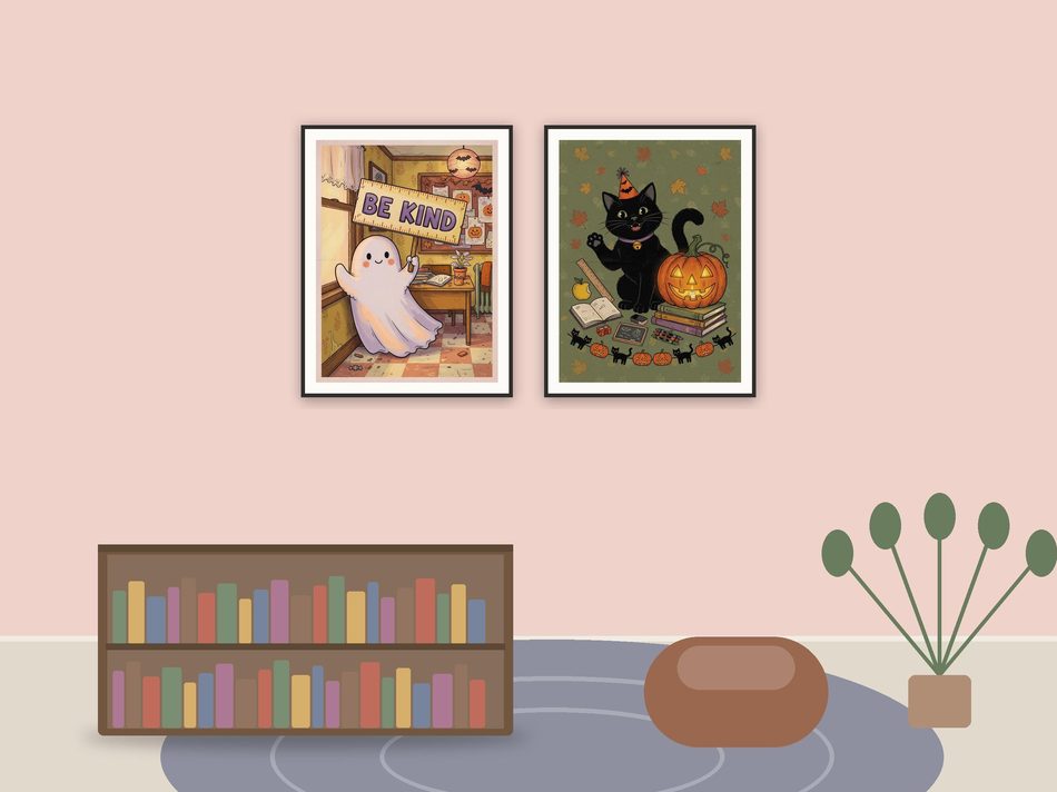 classroom rules poster printable art framed above a classroom reading corner with a bookshelf and rug