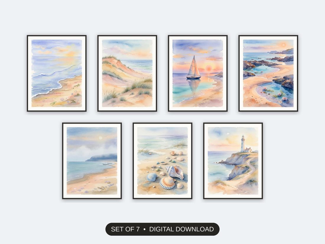Set of 7 coastal vintage prints printable prints shown as a gallery wall