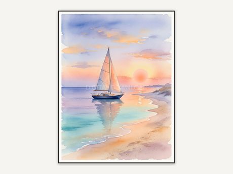 Watercolor sailboat sunset print