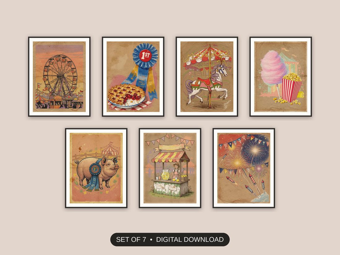 Set of 7 americana summer print printable prints shown as a gallery wall