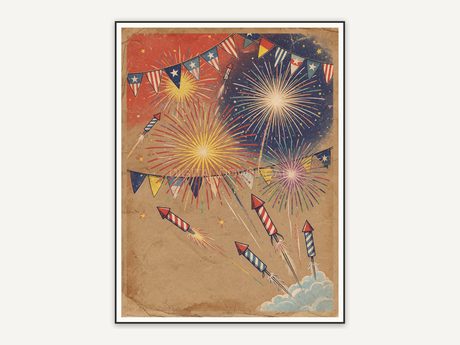 Fireworks burst above striped bunting