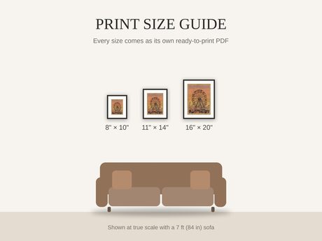 Print size guide showing 8x10, 11x14, and 16x20 framed prints at true scale beside a sofa