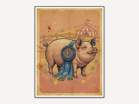 Prize pig with red award ribbon