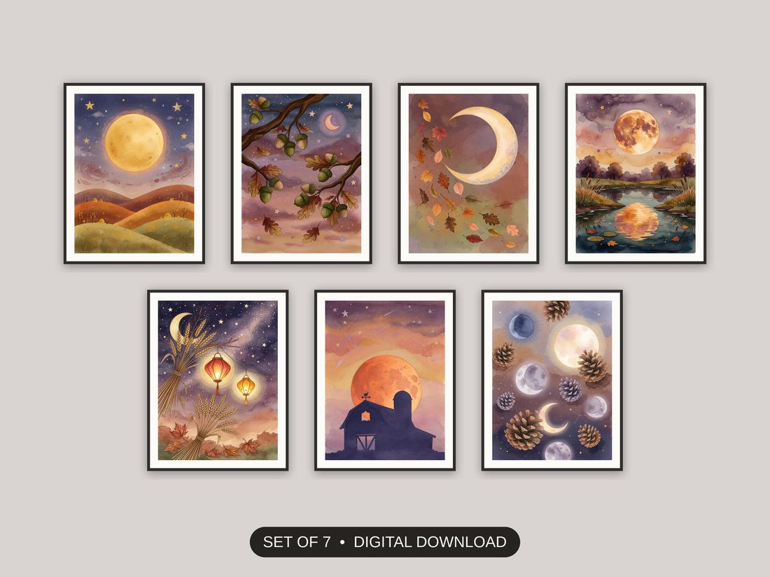 Set of 7 harvest moon celestial art printable prints shown as a gallery wall