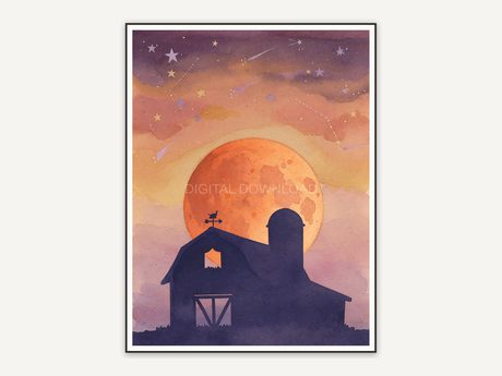 Rustic barn against rising orange moon