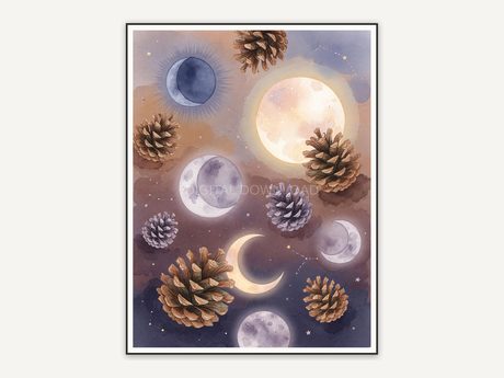 Scattered pinecones and glowing moon phases