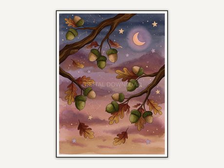 Oak branches with acorns against twilight sky