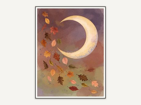 Crescent moon with drifting autumn leaves