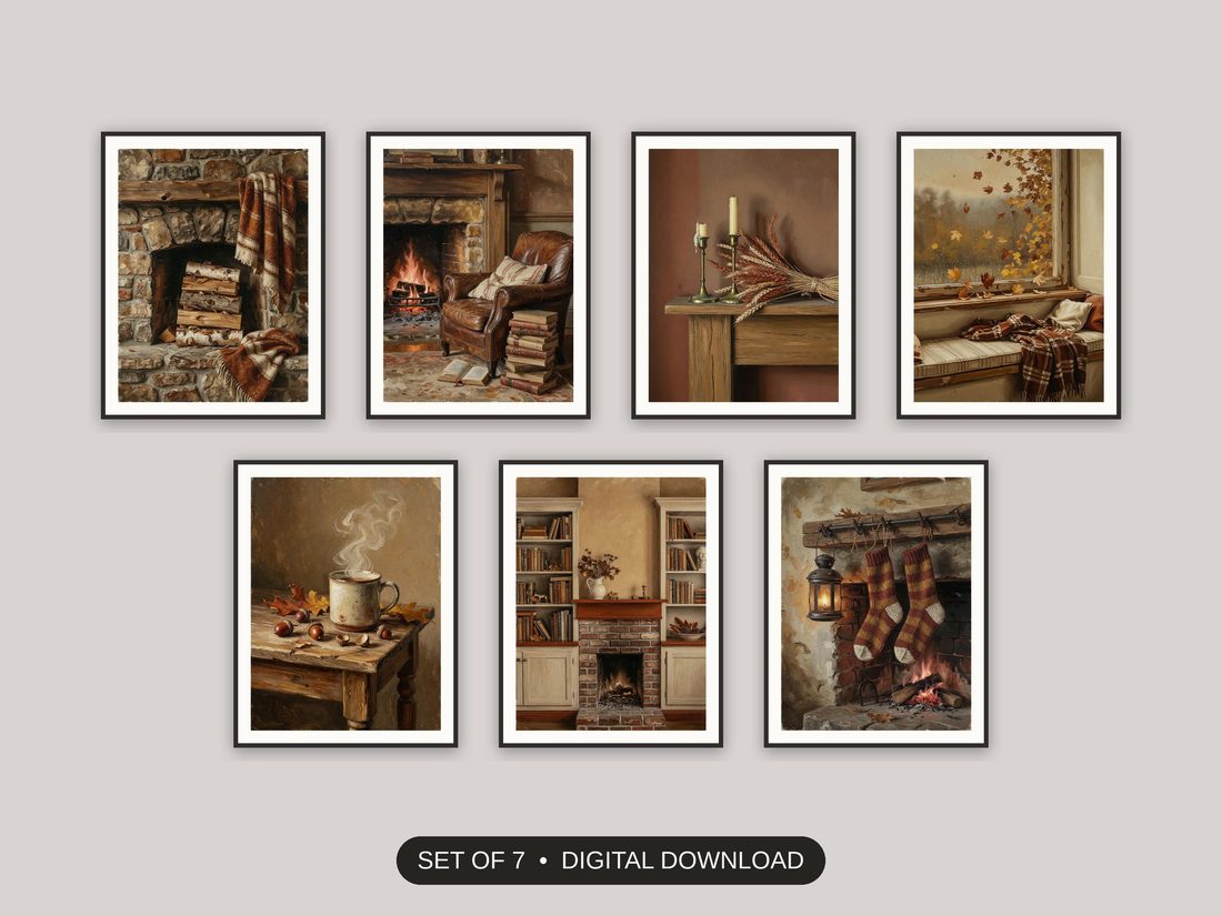 Set of 7 cozy vintage fall printable prints shown as a gallery wall